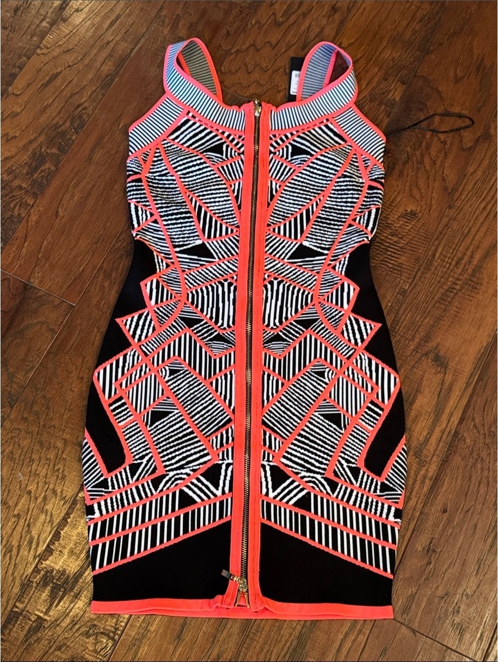NWT Fashion Nova Black and White Geometric Dress with Coral Trim